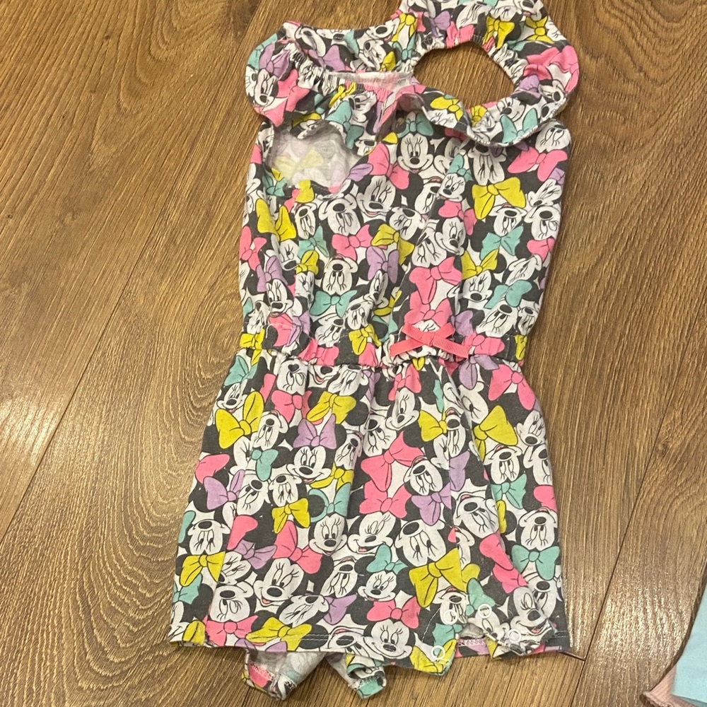 Disney Girls Minnie Mouse Bow-Print Romper in Pink, Yellow, Mint & White